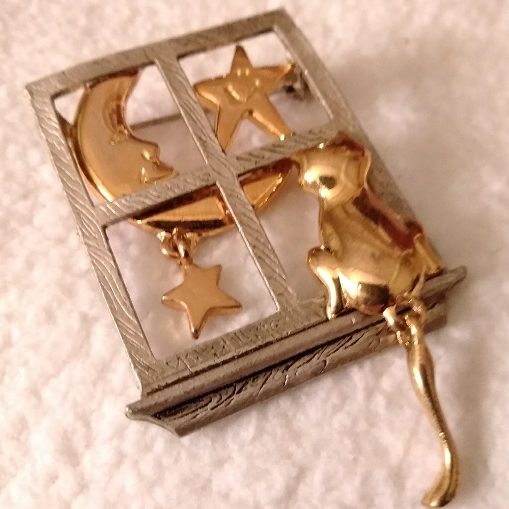 3/$30 Kitty cat IN window moon stars pin brooch
